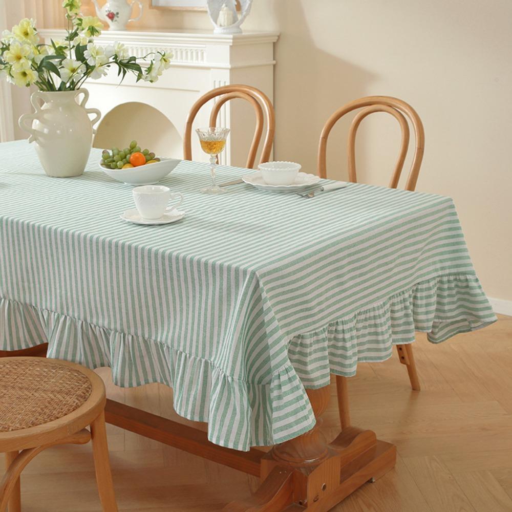Vertical Striped Table Cover Washable Wrinkle-Resistant Farmhouse Tablecloth Ruffle Trim Striped Ruffle Tablecloth Dining Party
