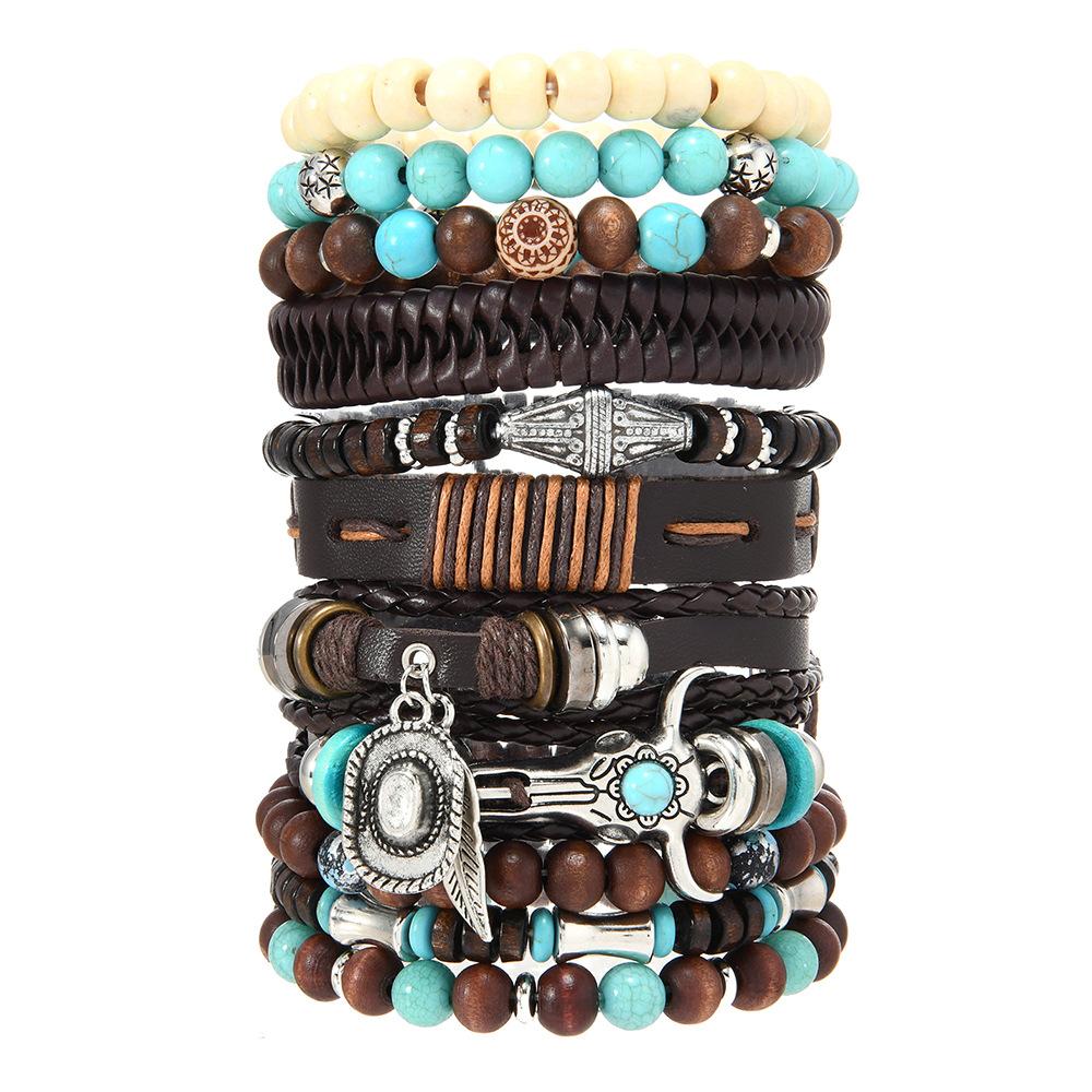 Leather Bracelets for Men Women Handmade Wrap Woven Cuff Bracelets Wooden Beaded Bracelets Vintage Ethnic Tribal Wristbands Bracelet Set Adjustable