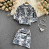 RUGOD Fashionable Temperament Suit Women's Tie-dye Printed Short Shirt High Waist A-line Skirt Western Style Two-piece Suit