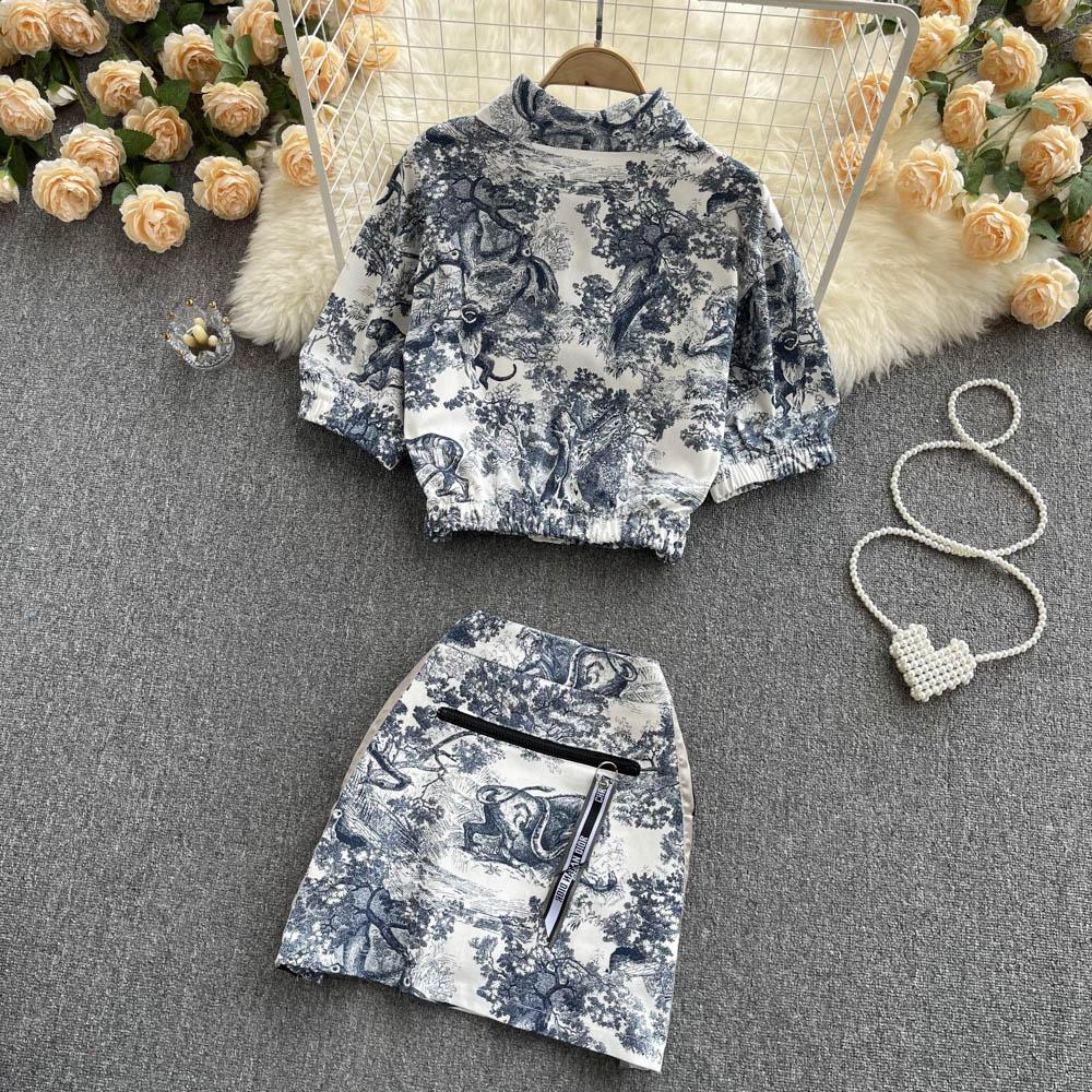 RUGOD Fashionable Temperament Suit Women's Tie-dye Printed Short Shirt High Waist A-line Skirt Western Style Two-piece Suit