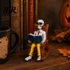 Collectible Skeleton Shelf Sitter Halloween Figurine, Resin Sitting On Rocking Chair Statue, Drinking Funny Dark Holiday Figurines Coffee Crocheting