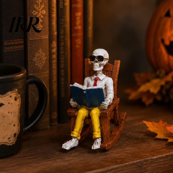 Collectible Skeleton Shelf Sitter Halloween Figurine, Resin Sitting On Rocking Chair Statue, Drinking Funny Dark Holiday Figurines Coffee Crocheting
