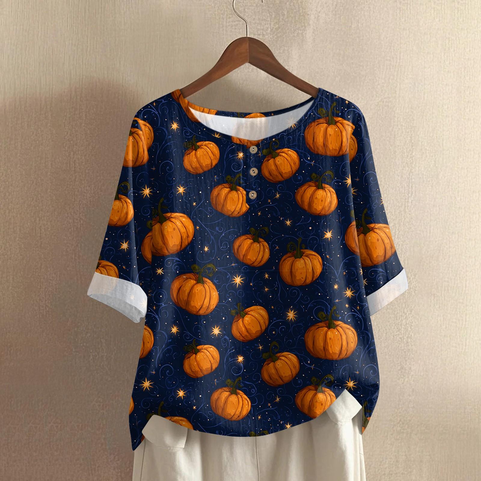 

Женский повседневный топ с рукавами средней длины, круглым вырезом, с принтом на Хэллоуин, из хлопка и льна S шафрановый