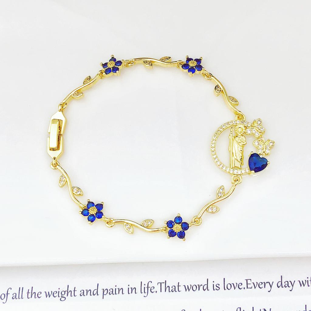 New Design Gold Plated Religious St. Jude Rhinestone Flower Bracelet Fashion for Women Dainty Christian Jewelry Birthday Gift