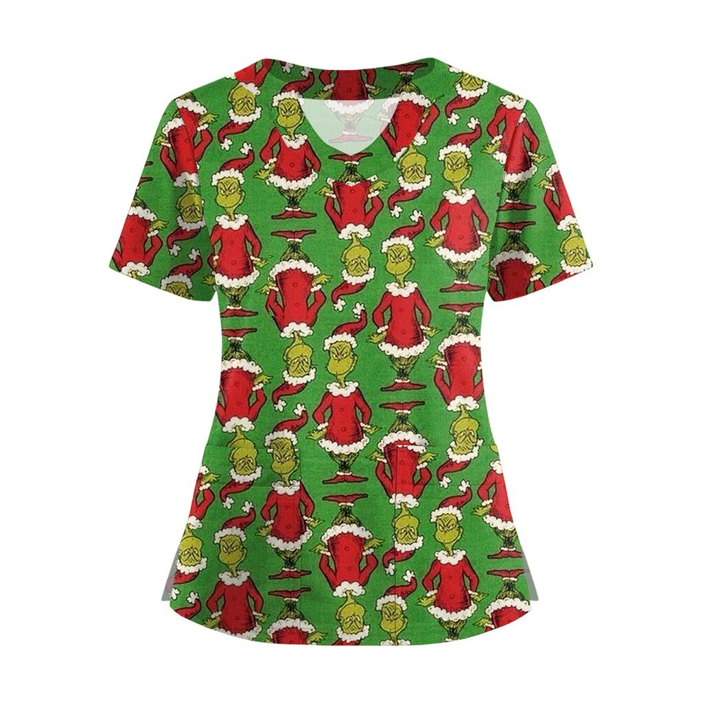 Damski T-shirt z krótkim rękawem z nadrukiem świątecznym, dekoltem w serek, zapinany na guziki z rozcięciem z boku