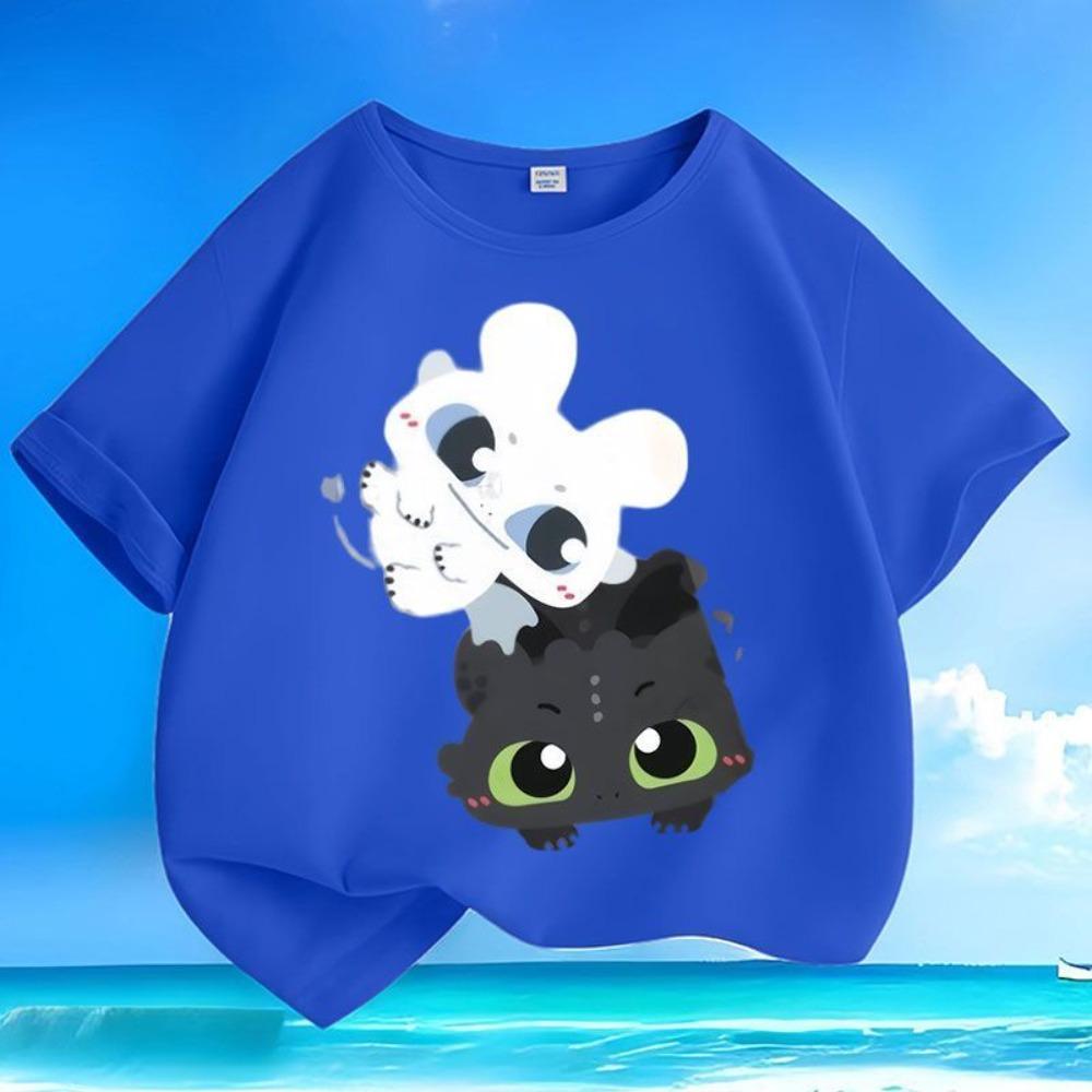 T-shirt Estiva Nuova con Stampa Dragon Trainer per Bambini, Stile Girocollo, Vestibilità Larga, Traspirante