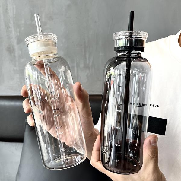 Large Capacity Graduated Glass Water Cup with Straw - Stylish, Portable Design for Coffee and Beverages 350ml