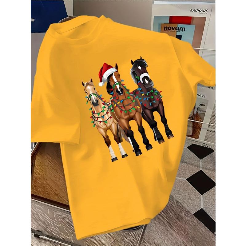 European sizes Christmas-Themed Horse Decoration T-Shirt, a Loose And Casual Top for New Year Holiday Gifts -- Stylish Print Design