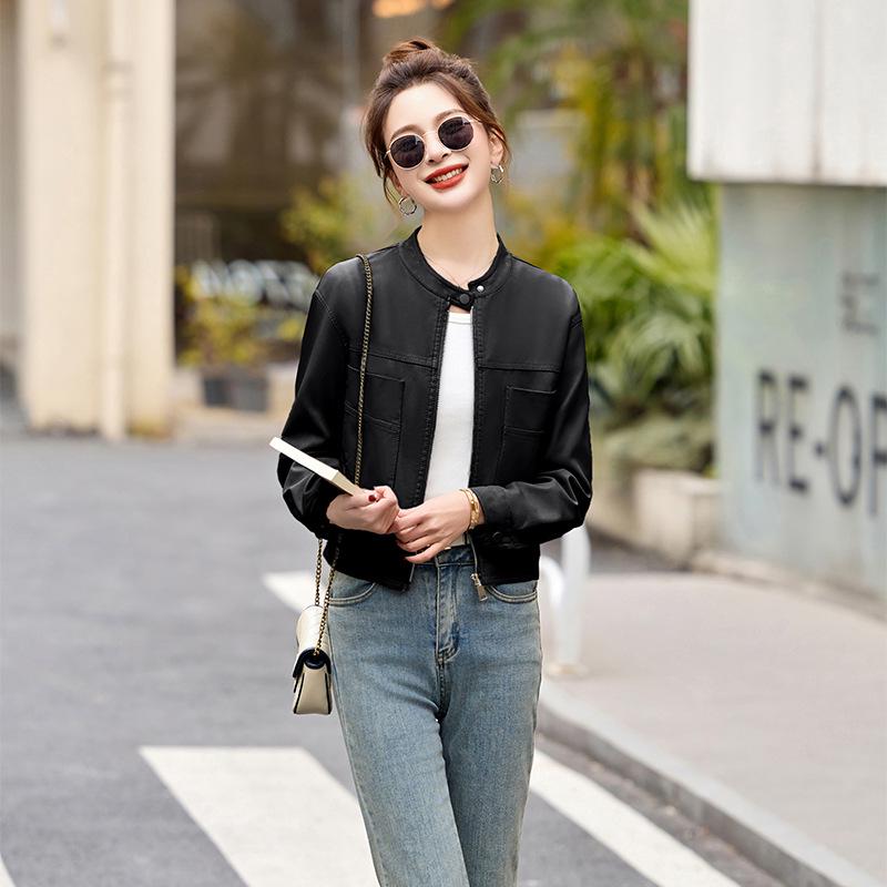 Women's Stand Collar Leather Jacket - Spring 2025 Collection, Small Size, High-End Versatile Design (Z88975)