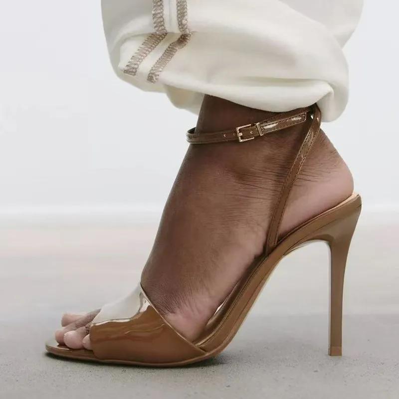 Fashion Brown Patent Leather Heeled Sandal Women Fashion Pointed Toe Ankle Buckle Brand Designer Shoe Summer Sexy Open Toe Zapatos Mujer