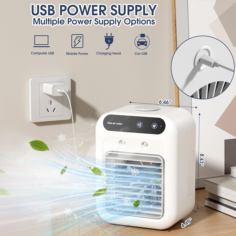 Portable Mini Air Cooler with USB Charging & Spray Humidification, 300ml Water Tank, 3-Speed Quiet Personal Cooling Fan for Home