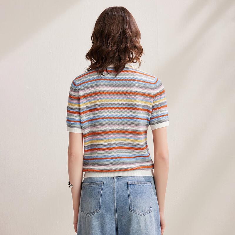 Women's Mulberry Silk Blend Striped Short Sleeve Knit Top