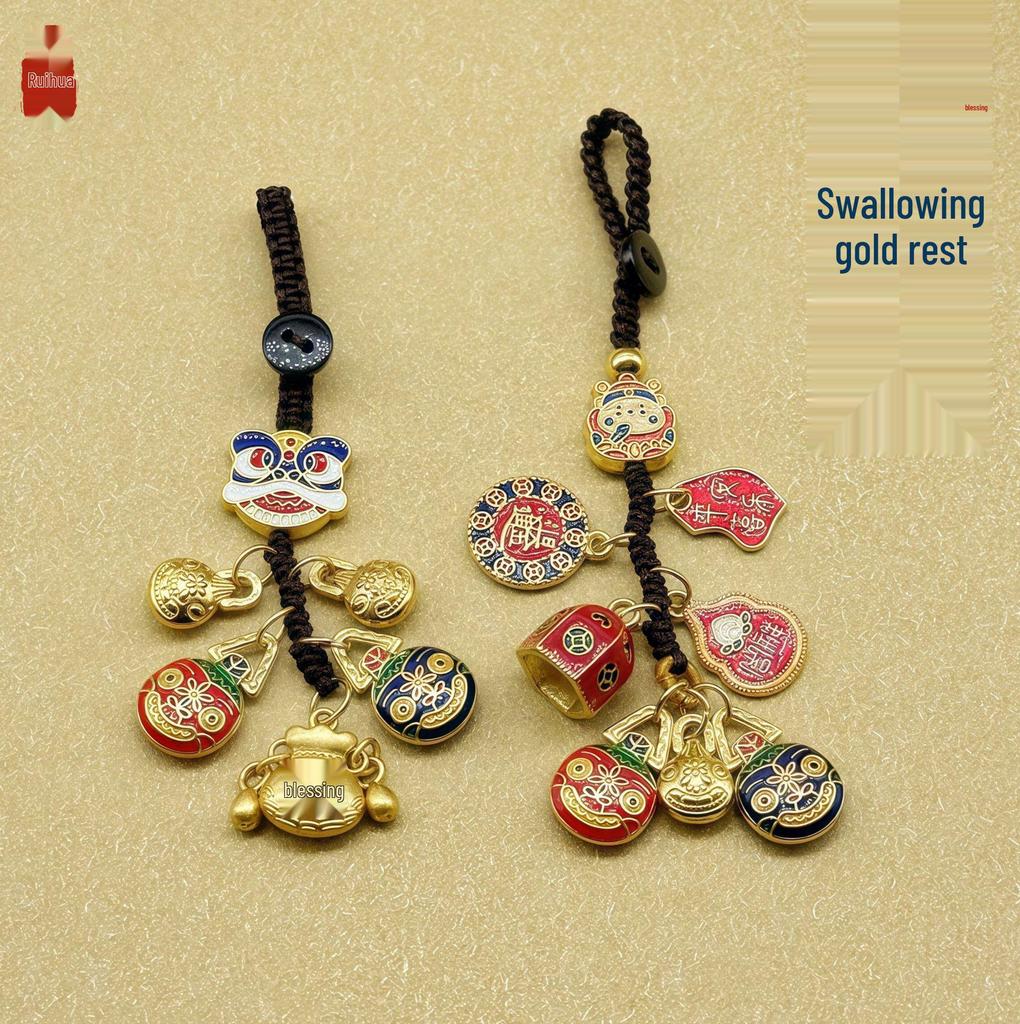 Mobile Phone Strap Pendant: Lion Dance, God of Wealth, Family Trio Gold-Swallowing Beast Alloy Keychain