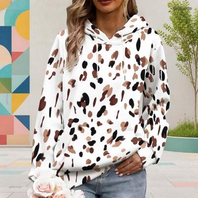 Women Plus Size White Leopard Printed Long Sleeve Drawstring Hoodie Kangaroo Pocket Pullover