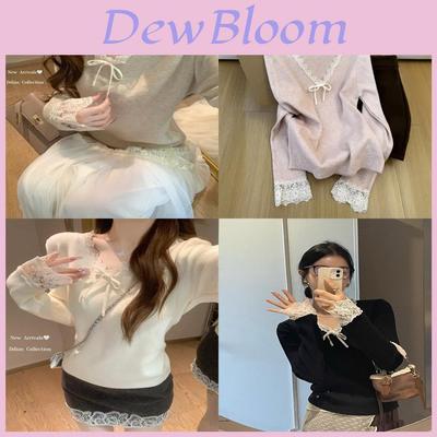 Pink Vneck Lace Patch Wool Knit Sweater For Women Fall Winter Casual Comfort