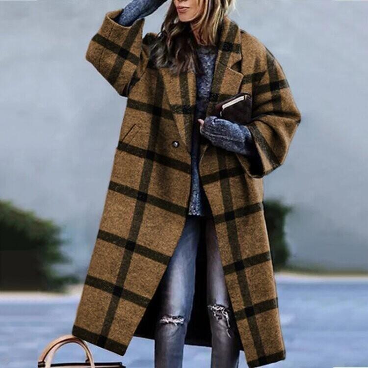 Trench da Donna a Quadri Moda Manica Lunga Color Block Capospalla Stampato in Lana Cappotto con Bavero