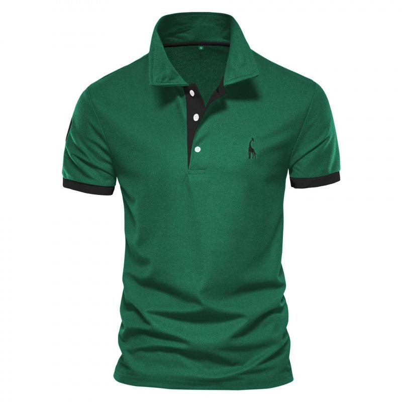 Men's Vermilion Deer Embroidery Polo Shirt - Short Sleeve, Turn-down Collar