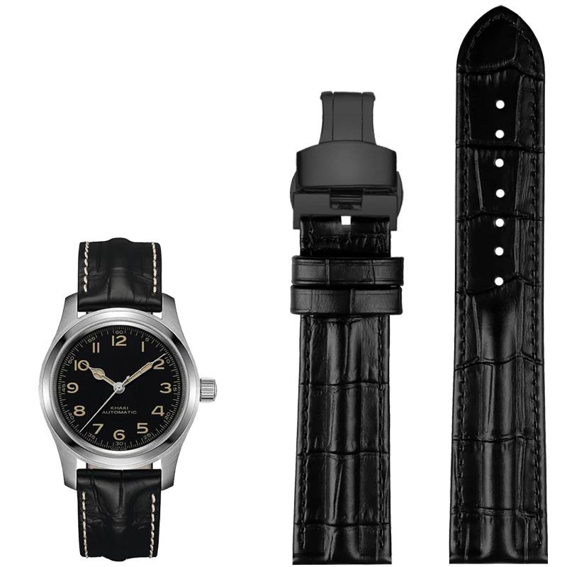 For Hamilton Genuine Leather WatchBand Khaki H7060573 Cowhide Bracelet Crocodile Skin Texture Strap 20mm 22mm Men's Black Brown