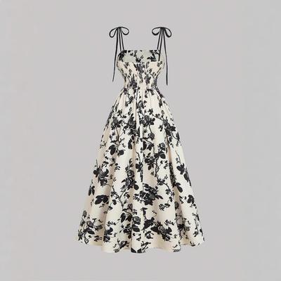 Womens Beige Floral Print Strapless Maxi Dress with Bow Detail and A Line Skirt