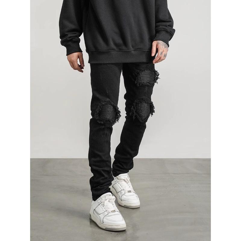 American High Street Vibe Trendy Brand Ripped Patch Jeans Men's Slim Fit Small Feet Design Sense Retro Casual Pants
