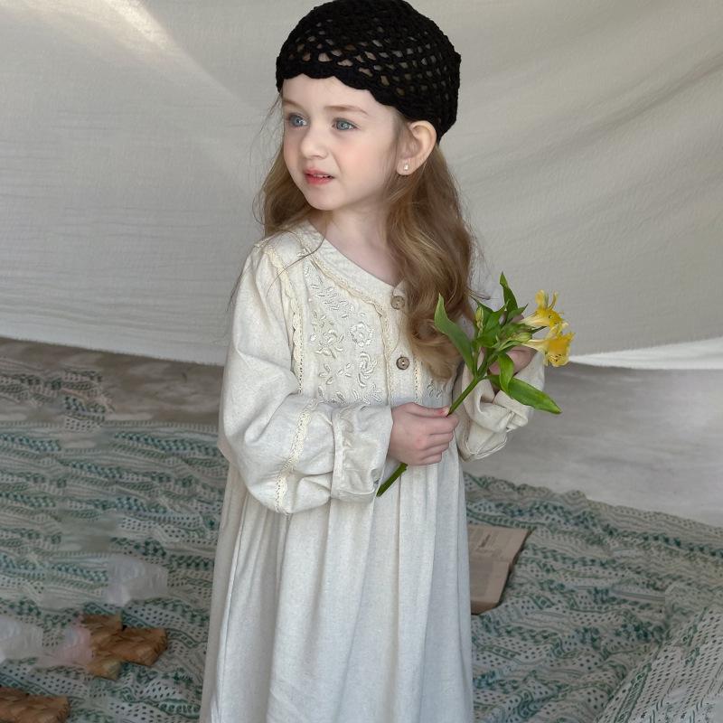 Girls' Spring Retro French Lace Long Sleeve Dress