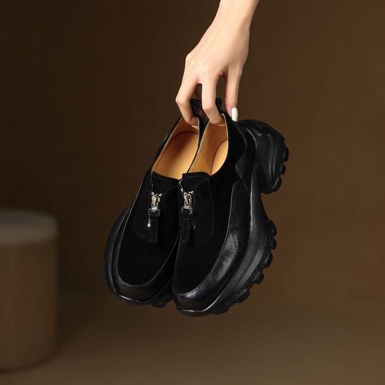 Coarse Heel Muffin Thick-soled Sheepskin Single Shoes Women's 2025 Spring Splicing Waterproof Table Round Head Ultra-light Casual Loafers