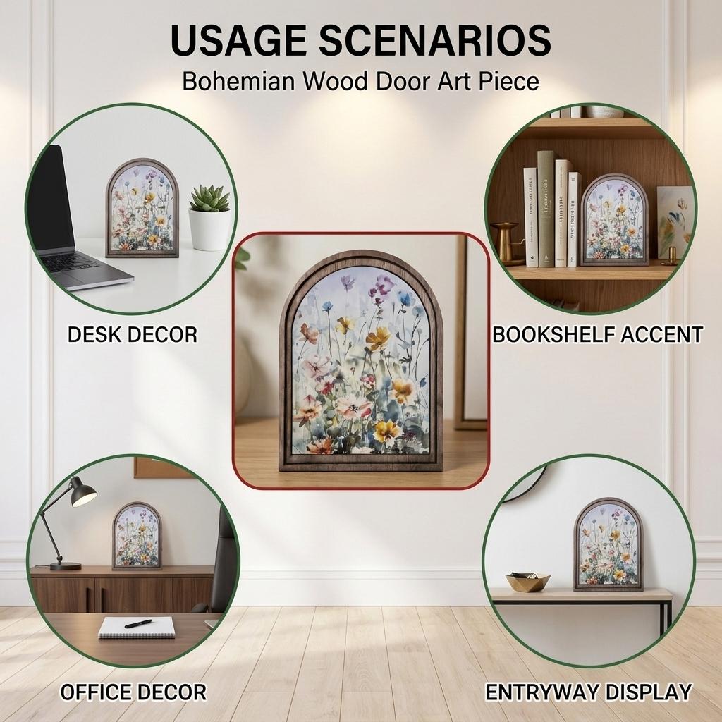 Boho Style Desktop Ornament Wooden Flower Pattern Door Shaped Sculpture For Desk Fireplace Cabinet Home Decoration Accessory