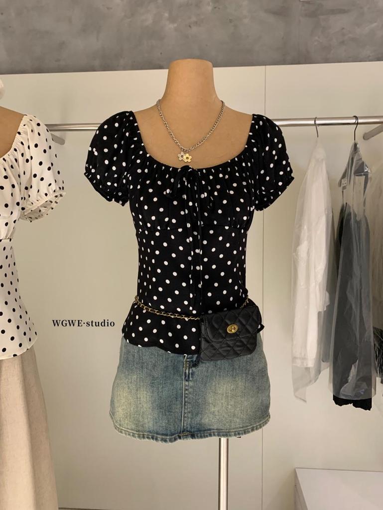 Guangzhou Women's Polka Dot Short Sleeve Square Neck Tie Shirt - Autumn/Winter Trendy