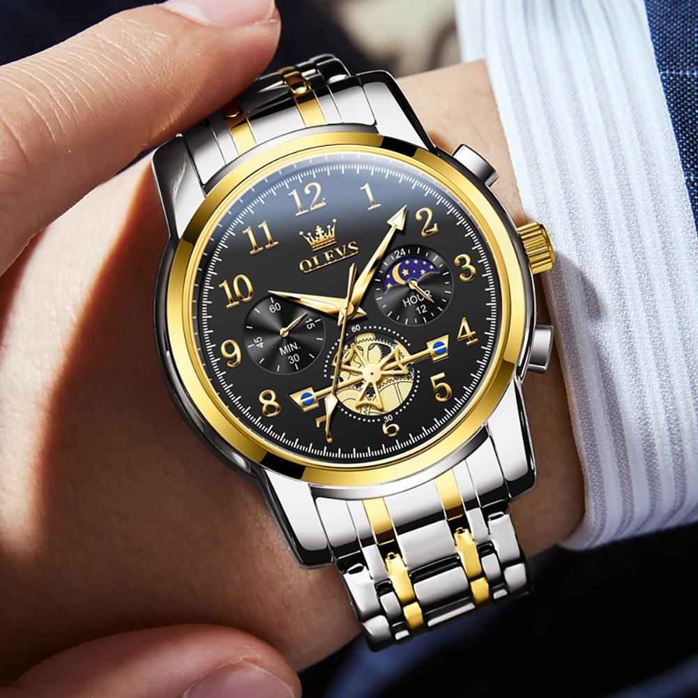 OLEVS Fashion Business Mens Wristwatches Gold Clock Male Stainless Steel Waterproof Calendar Quartz Watches