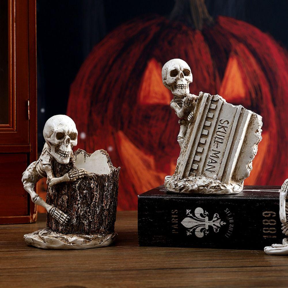 

Resin Crafts Skulls Pencil Storage Bucket Funny Skeleton Statue Ornament Home Desktop Decoration