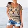 Summer V-neck 3D Printed Funny Cat Pattern Top Fashionable Casual Short Sleeved Women's T-shirts