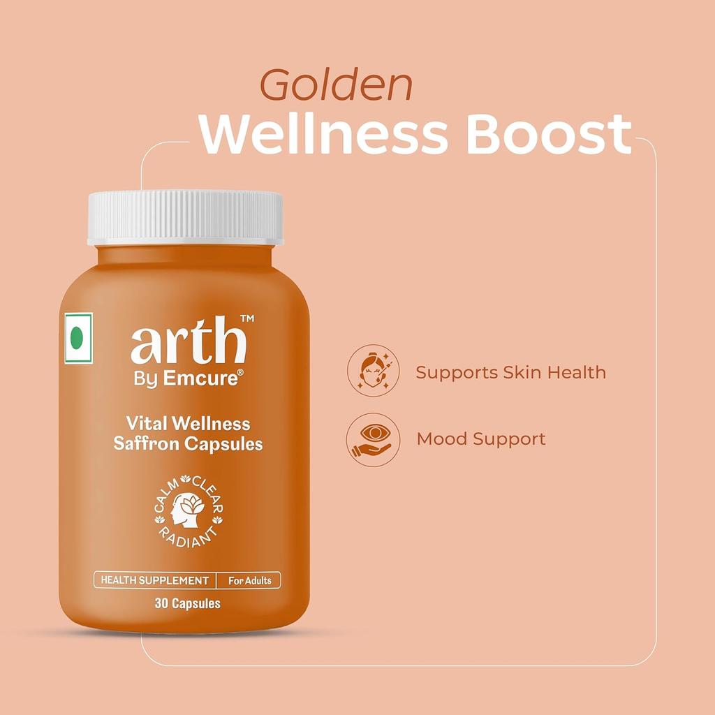 Arth Vital Wellness Saffron Capsules 30 Count For Skin Glow Sleep Support Mood Balance Digestion Eye Care Daily