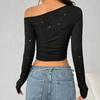 European Style Black One-Shoulder Long-Sleeved T-Shirt with Silver Accents - Slim Fit Women's Autumn Top