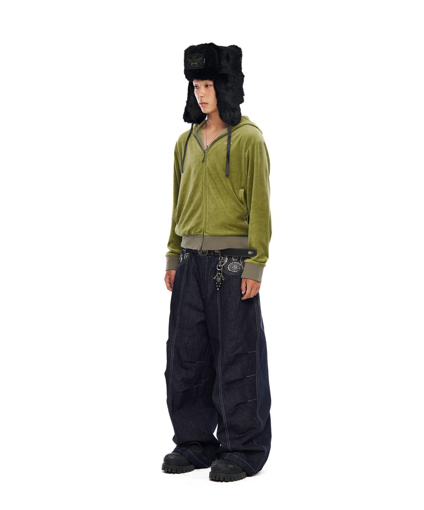 Aakam Rhinestone Velor Zip-Up Hoodie (Green)