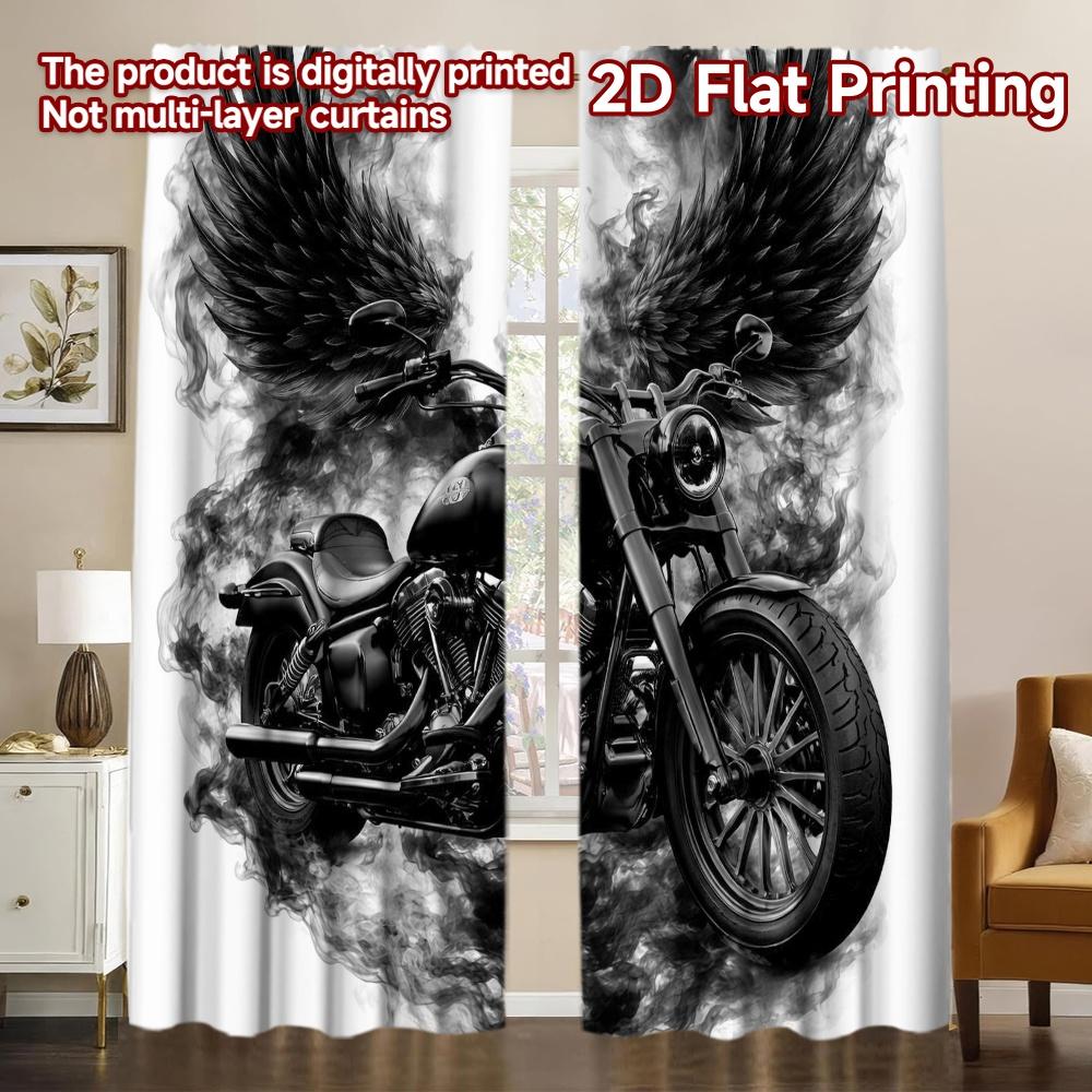 2D FLAT PRINTING 2pcs Curtains (Without Rod) Motorcycle with Black Popular Curtain Yarn Curtains Ramadan Perfect for Bedroom,