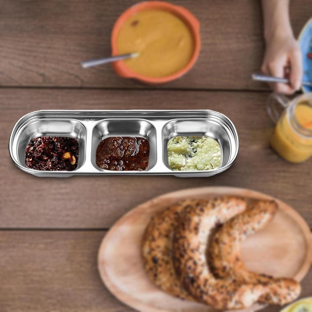 3-compartment Sauce Dish Stainless Steel Soy Tomato Sauce Salt Vinegar Sugar Spiced Flavor Condiment Dip Bowls Korean BBQ