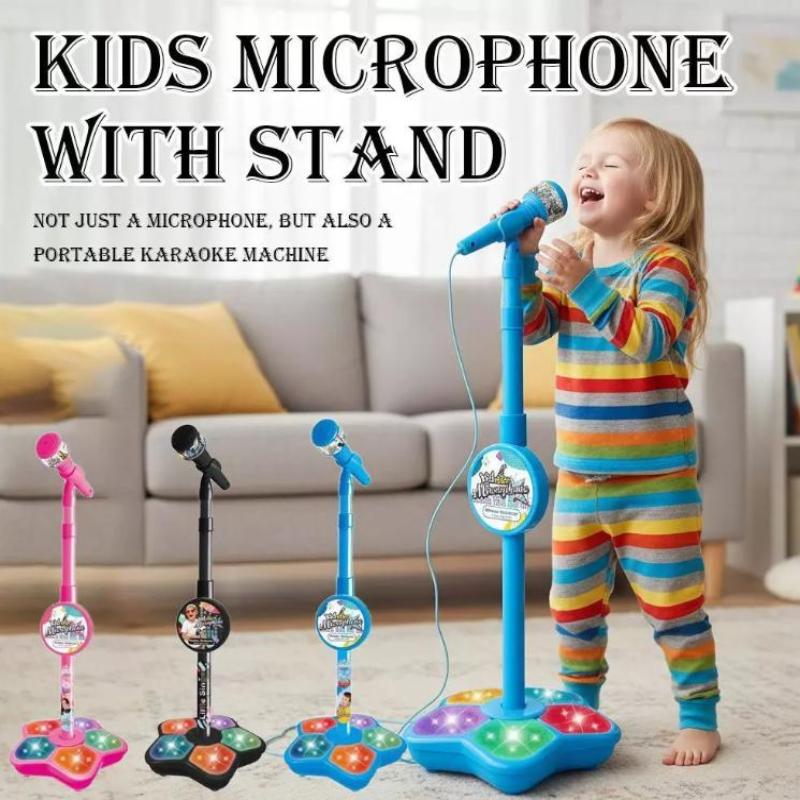 Gold Toy Kids Cartoon Music Microphone With Stand Can Connect With Mp3,Real Echo Sounds Toys Gift