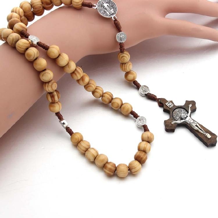 Handmade Wood Rosary Catholic Necklaces Men Cross Prayer Religious Jewelry Gift