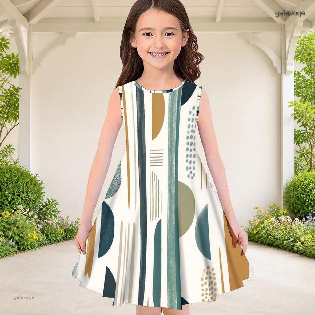 Girls Round Neck Sleeveless Geometric Printed A Line Flared Dress