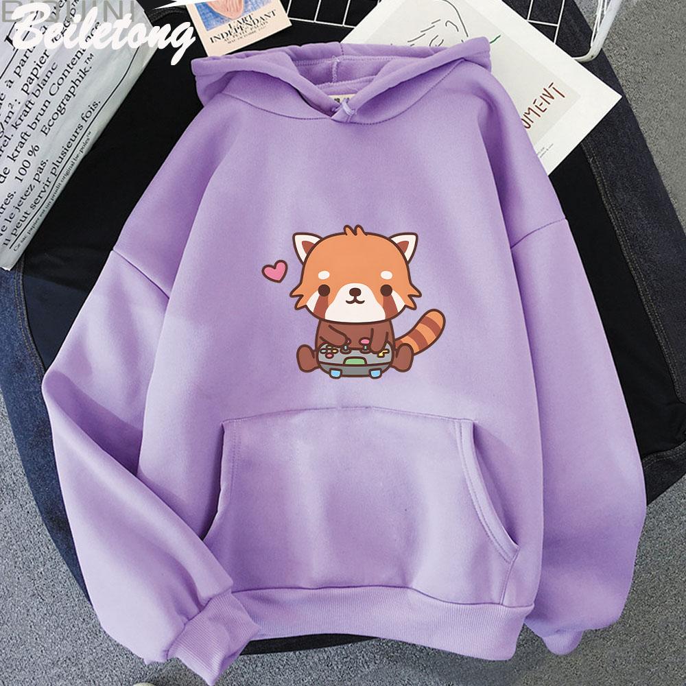 Anime Cute Little Red Panda Playing Video Hoodie for Men Women Casaul Loose Sports Hooded Sweatshirts Unisex Y2k Clothes Tops