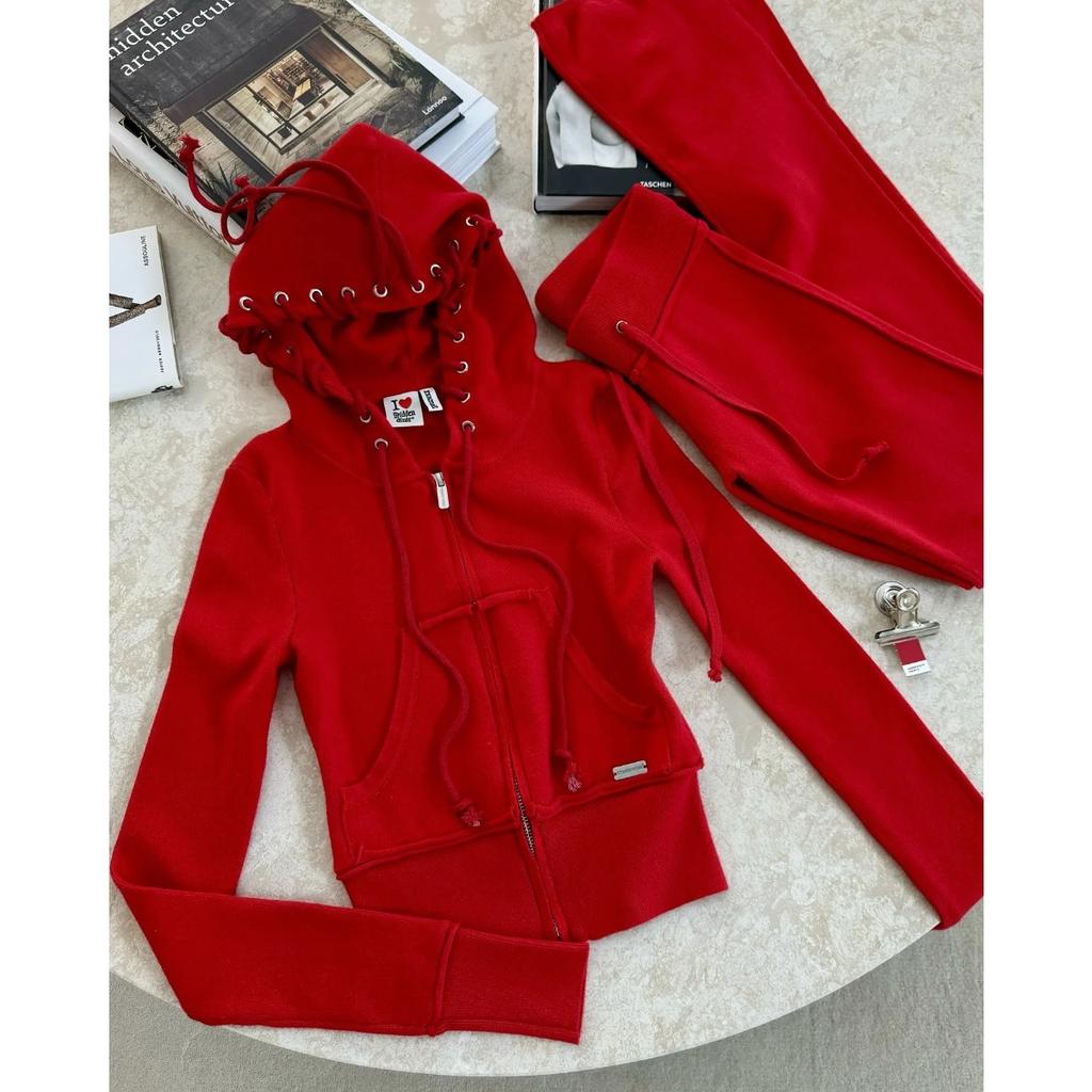 2KWEIRD Autumn Winter Casual Sports Solid Color Splicing Knit Hoodie 2 Piece Sets Woman Outfit Pantsuits