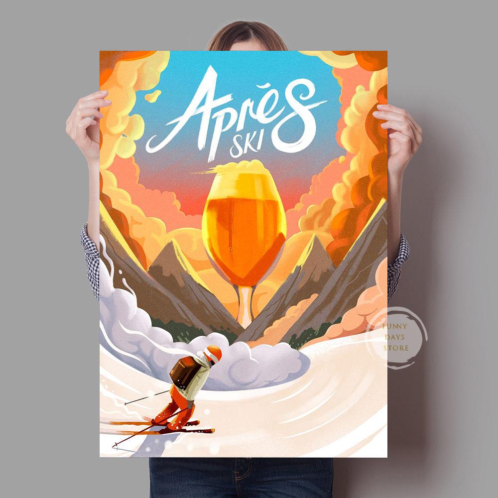 Winter Sports Skiing Art Posters and Prints Canvas Painting Vintage Travel Ski In Snow Snowboard Apres Ski Winter Home Decor No Frame