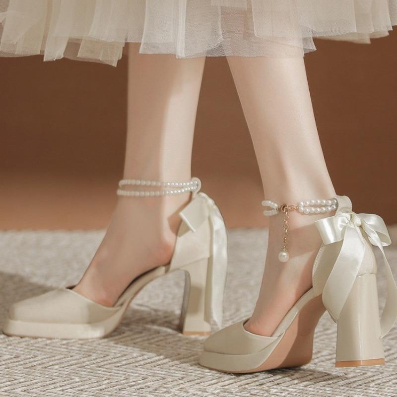 Fashion Spring New Chunky Single Shoes Women's Square Head Shallow Mouth Beaded Butterfly Knot Waterproof Platform High Heels