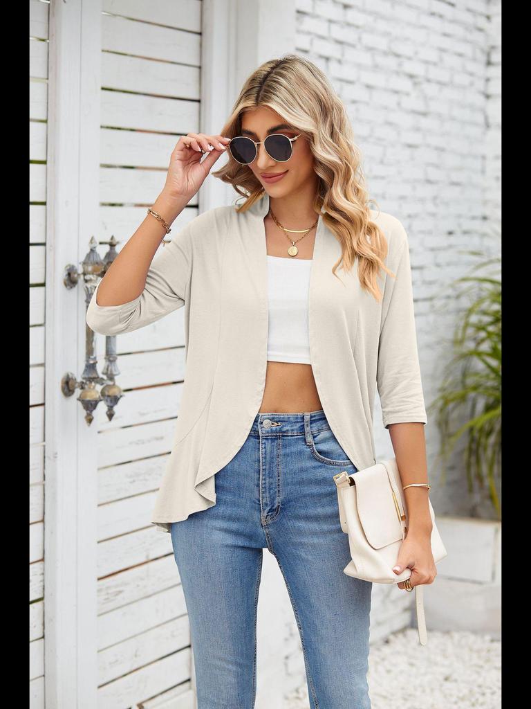 2023 Sommer Damen Einfarbige Strickjacke mit gerüschten Dreiviertelärmeln