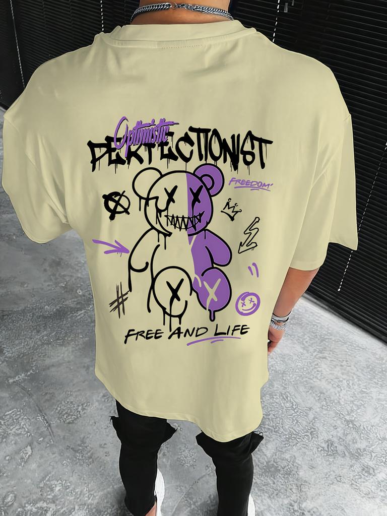 Mens Street 100 Cotton Shortsleeved Tshirt Purple White Bear Loose Casual Outing Clothing Graffitiinspired Comfortable Wear