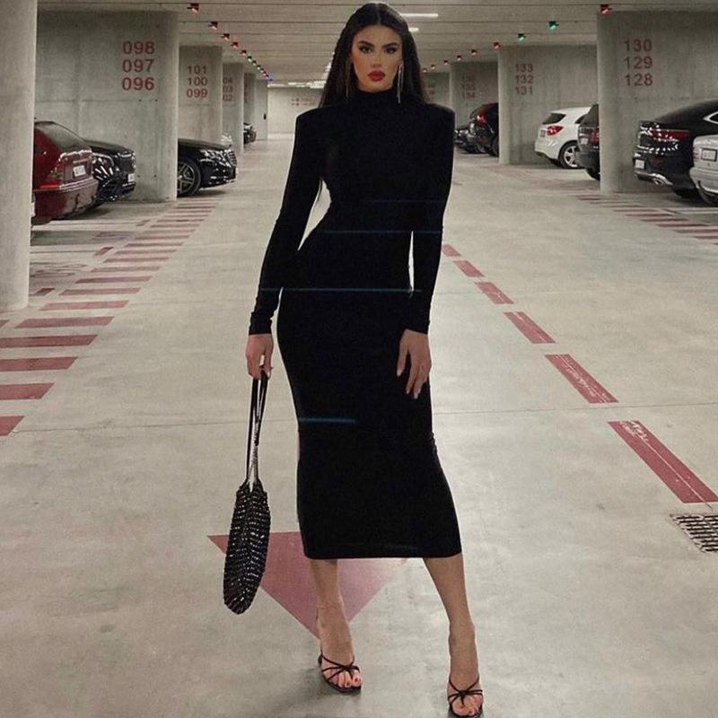 GMXIA Women's Fashion Spring Autumn Solid Color Print High Neck Long Sleeve Casual Dresses