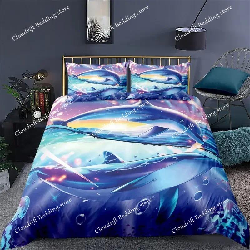 Set Biancheria da Letto Delfino dell'Oceano per Bambini Adulti Stile Boho a Tema Marino Copripiumino Microfibra Copripiumino Creature Marine Arredamento Camera da Letto