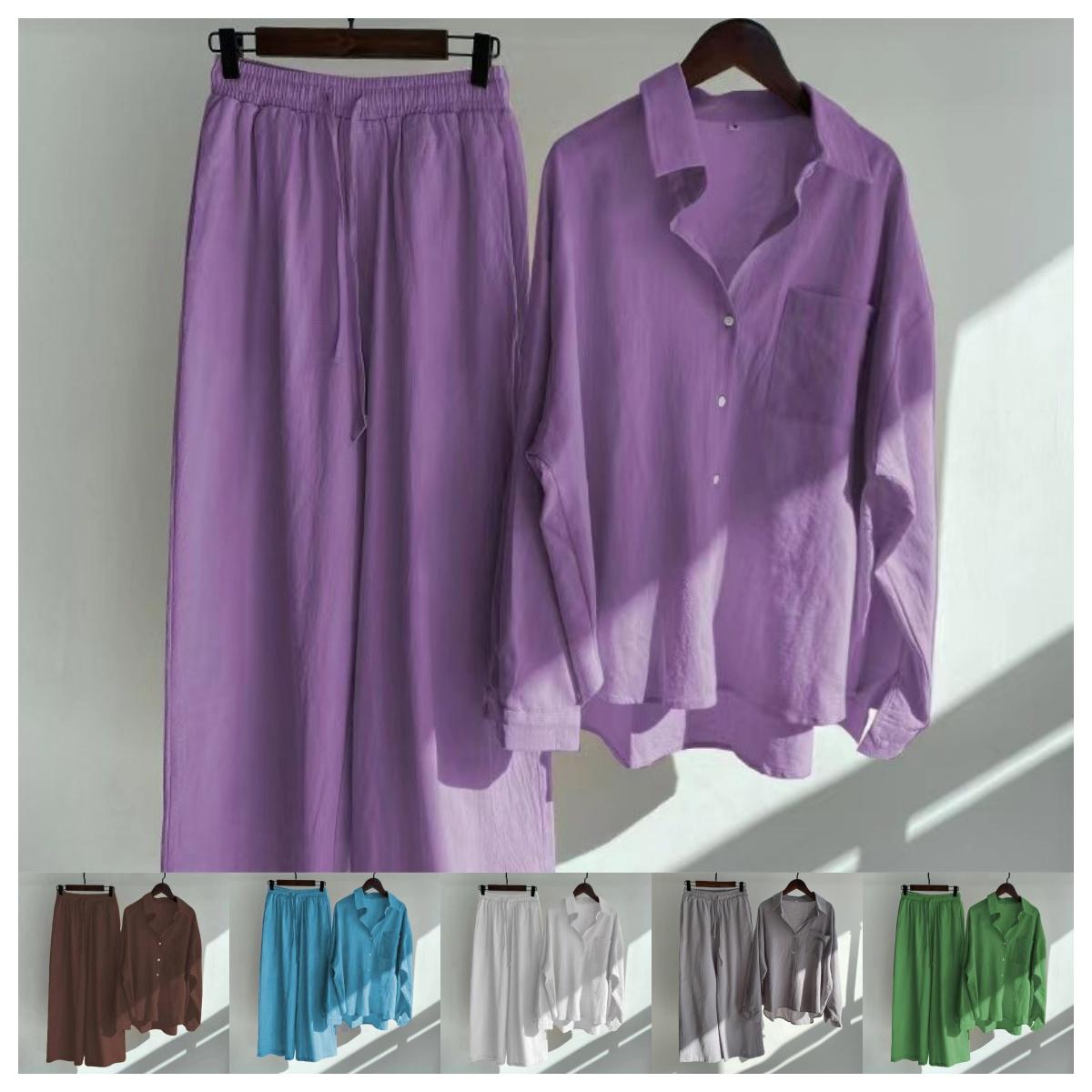 

Весенне-осенний повседневный костюм-рубашка из хлопка и льна, женский свободный и тонкий костюм-двойка большого размера для пригородных поездок