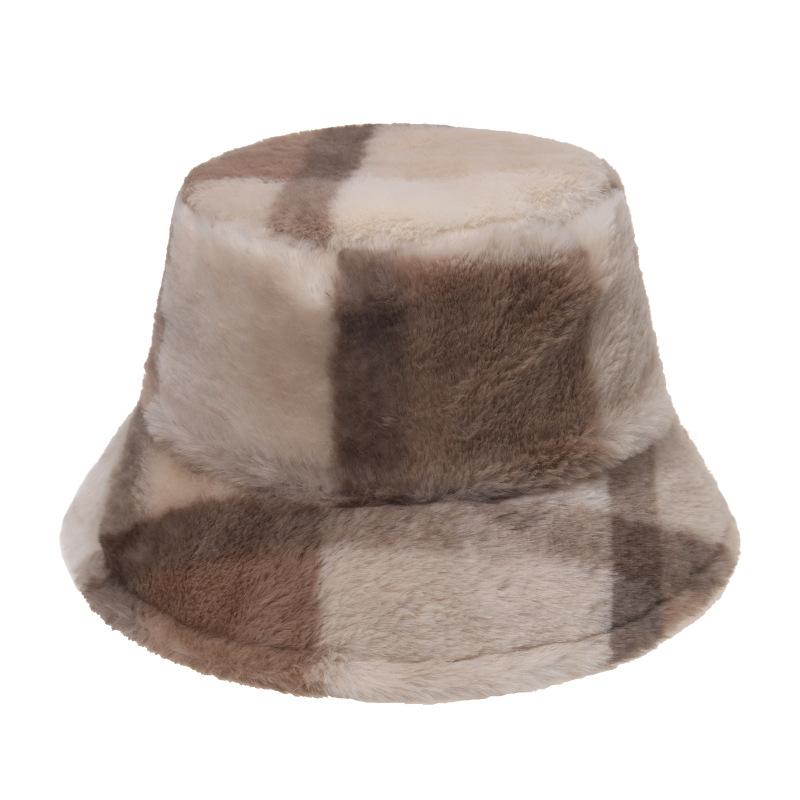 2025 Autumn and Winter On the New Plaid Bucket Hat Korean Version of Rabbit Fur Plush Travel Warm Versatile Chi Tide Basin Hat