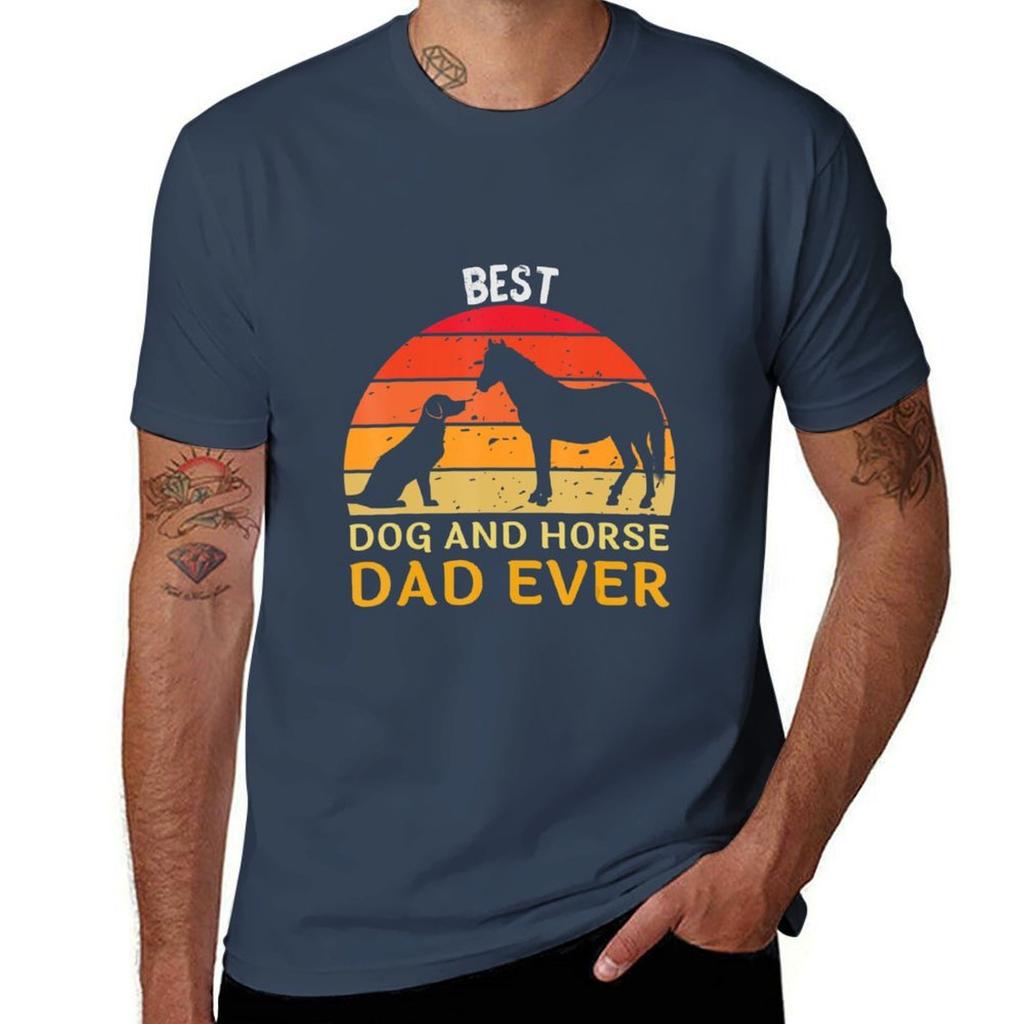 Mens Best Dog And Horse Dad Ever Papa Daddy Fathers Day Tshirt Classic Print Short Sleeve Shirt